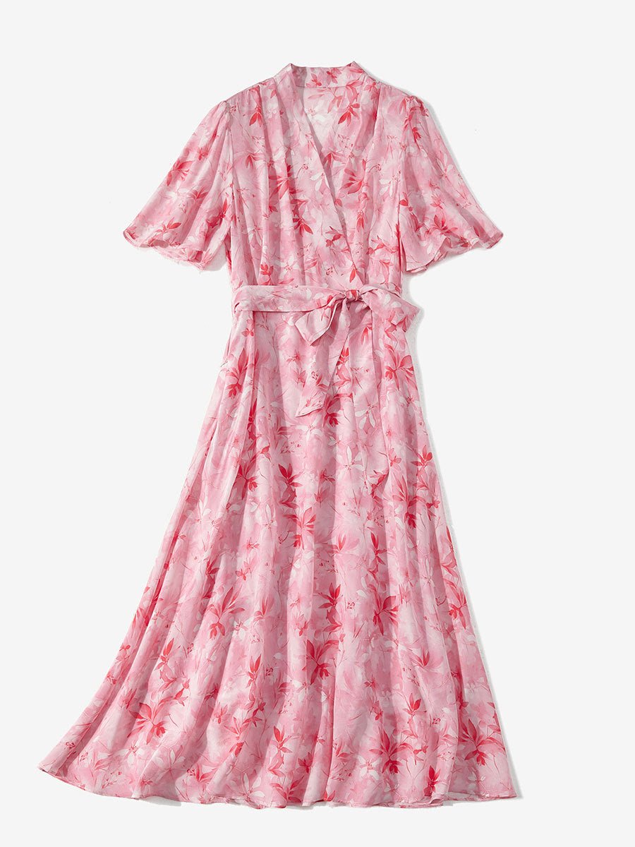 V Neck Silk Midi Dress with Waist Tie Floral Silk Wrap Dress for Women Pink XS