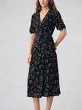 Vintage Womens Silk Midi Dress Silk Floral Dress V - Neck Silk Wrap Dress Black XS