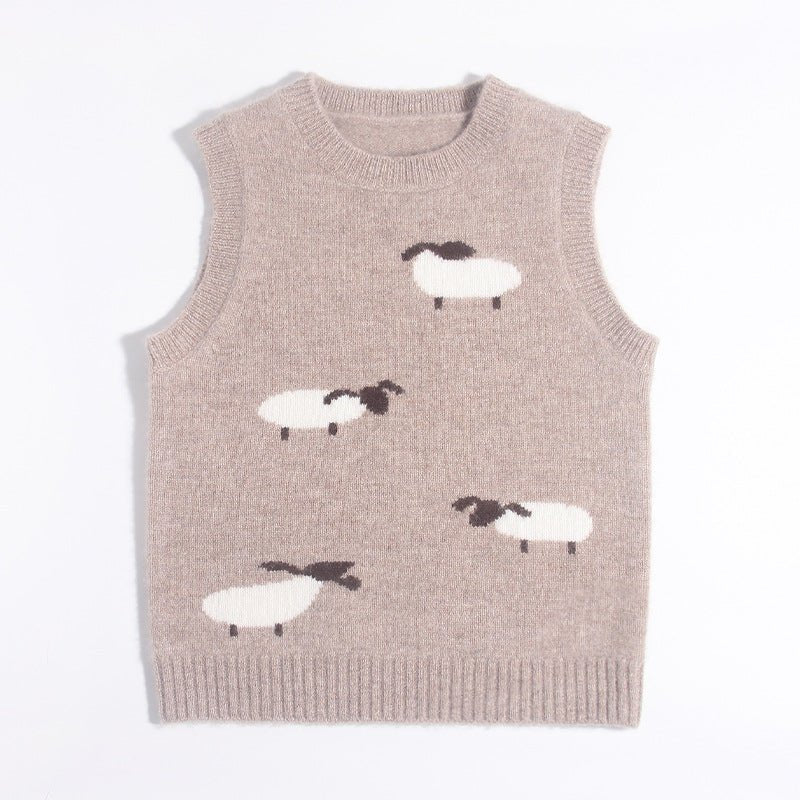 Warm Kids Pure Cashmere Vest Sheep Intarsia Knit Cashmere Sweater Camel 80