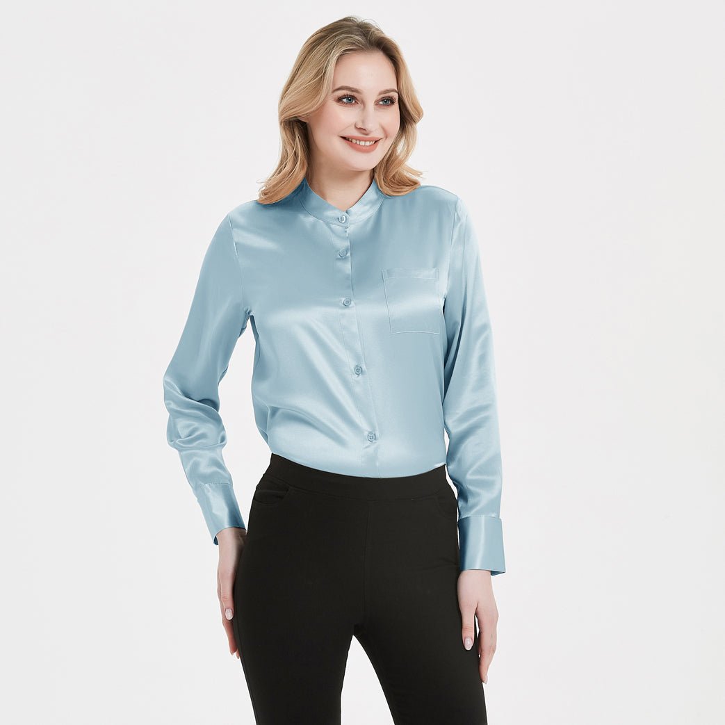 Women Band Collar Silk Blouse For Women 100% Pure Silk Blouse with Pocket