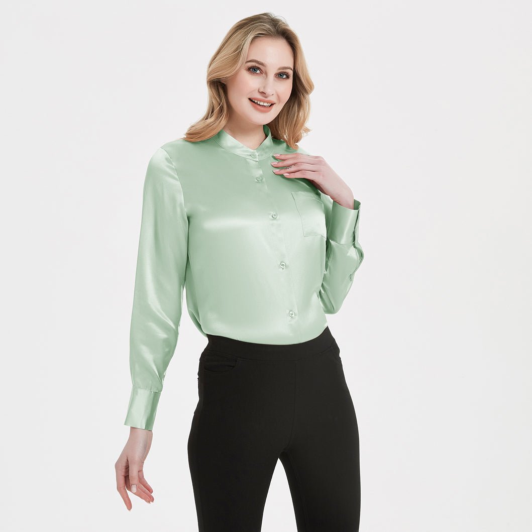 Women Band Collar Silk Blouse For Women 100% Pure Silk Blouse with Pocket