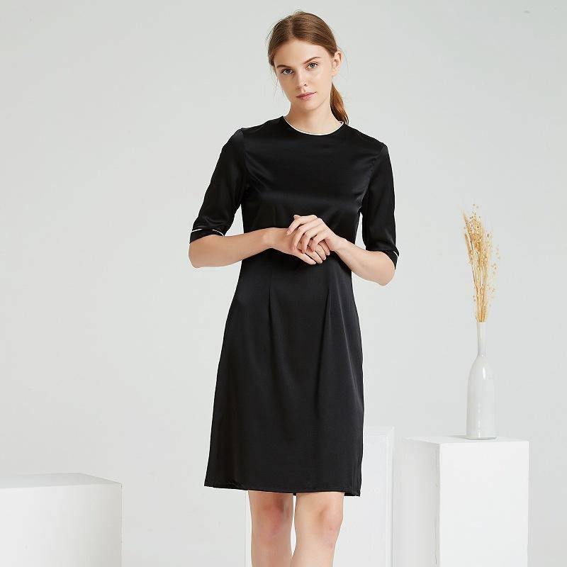 Women Black Silk Dresses Round Neck Silk Dress