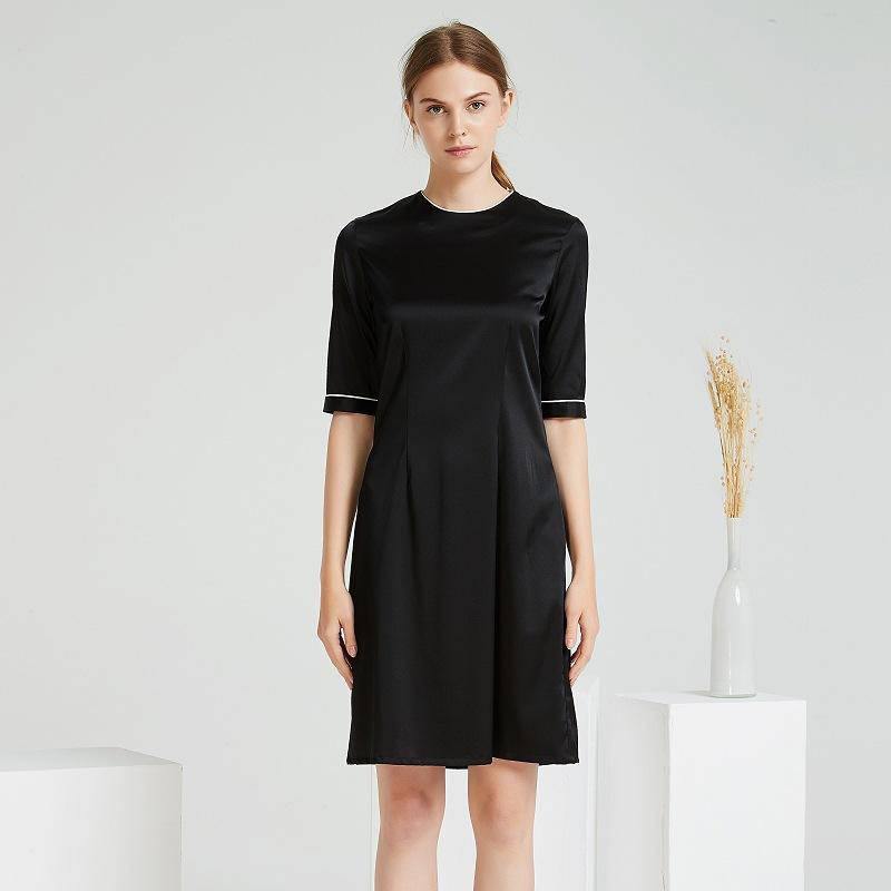 Women Black Silk Dresses Round Neck Silk Dress