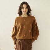 Women Scalloped Neck Cashmere Sweater Floral Embroidery Tops