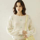 Women Scalloped Neck Cashmere Sweater Floral Embroidery Tops