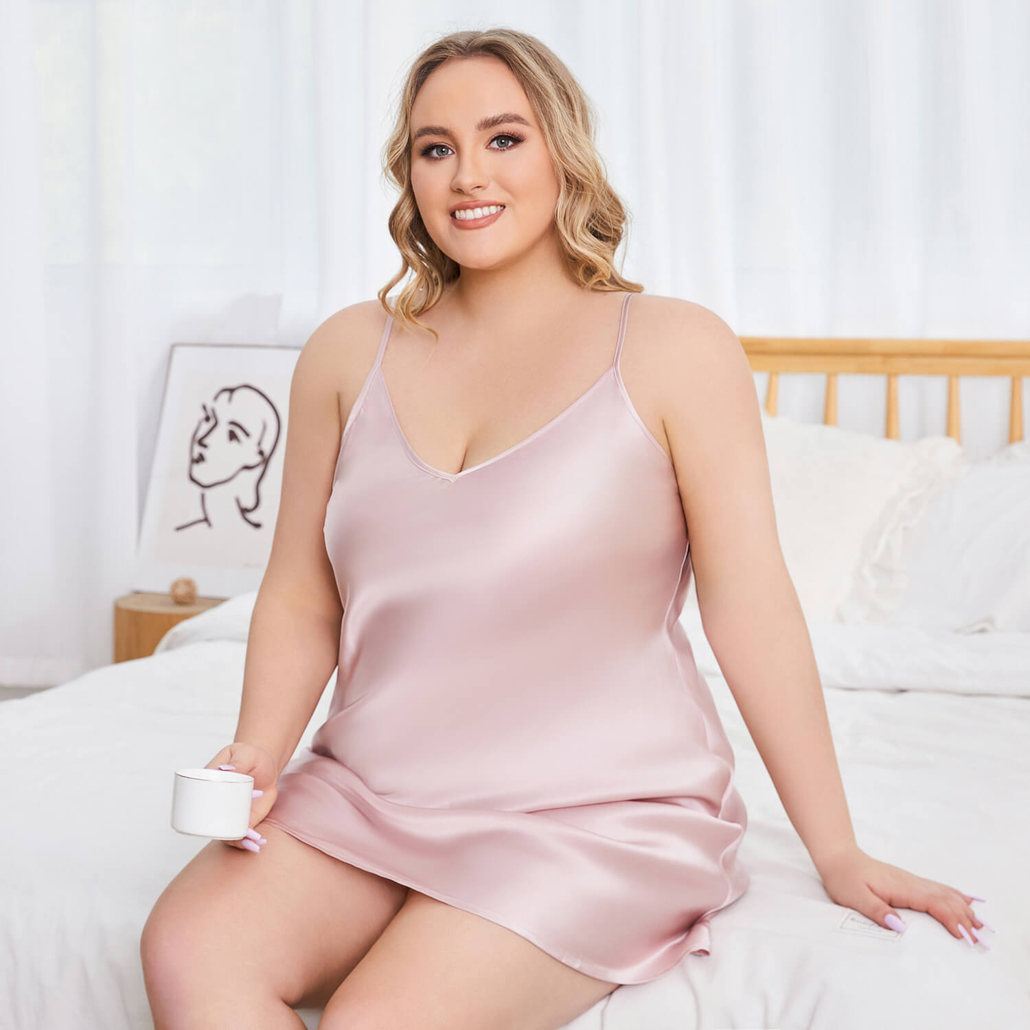 Women Plus Size Silk Nightgown V Neck Strap Silk Nighties