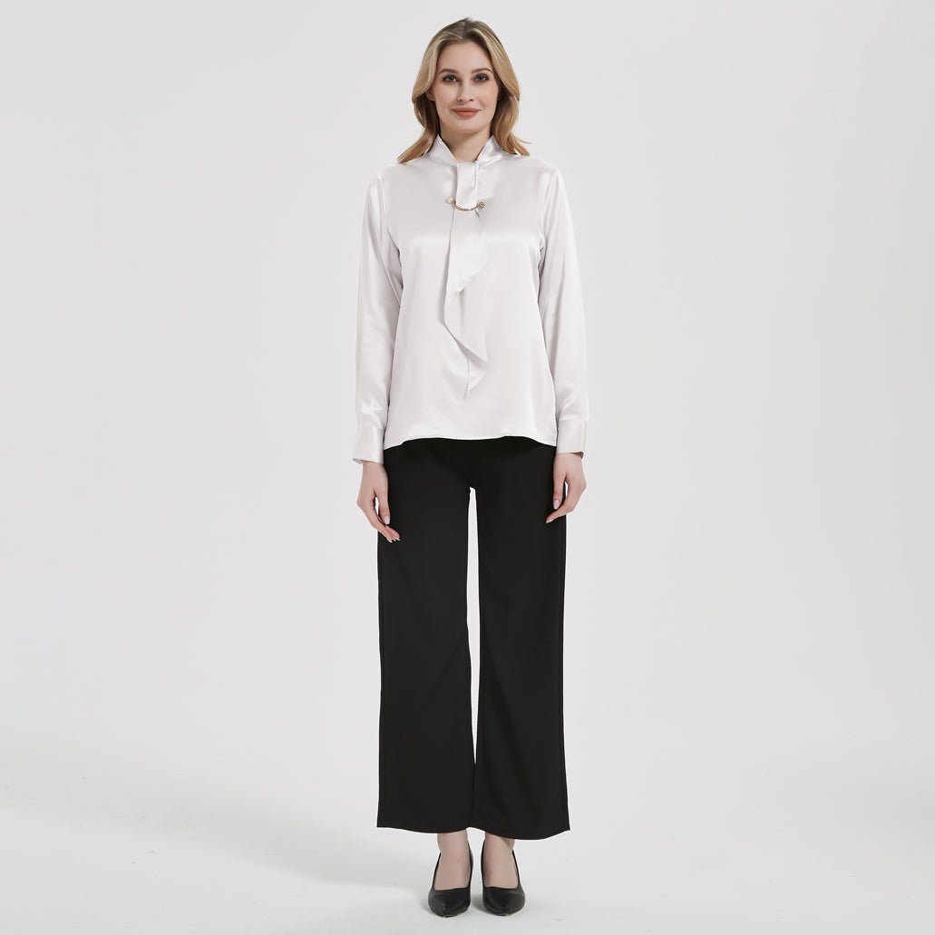 Women Silk Blouses Long Sleeves Ribbon Office Silk Shirts