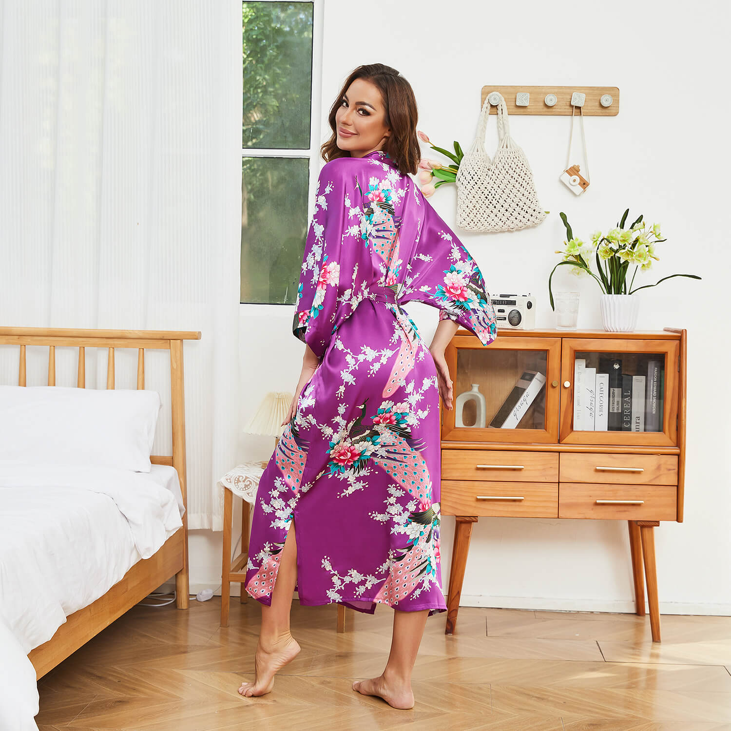 Women Silk Kimono Hand Painted Peacock & Flowers Nightwear