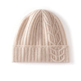 Womens 100% Cashmere Beanie Cable Knit Cashmere Hat Ribbed Fold Brim