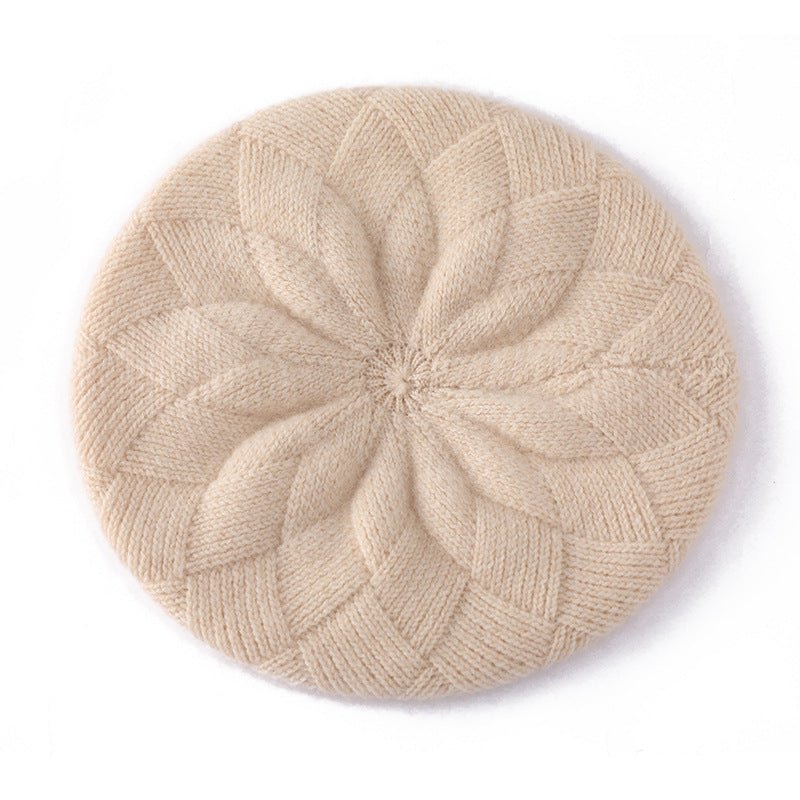 Womens 100% Cashmere Beret Cashmere Painter Hat Layered Petal Textured Knit