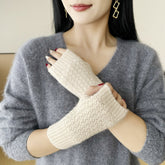 Womens 100% Cashmere Fingerless Gloves Diamond Knit Cashmere Hand Warmers