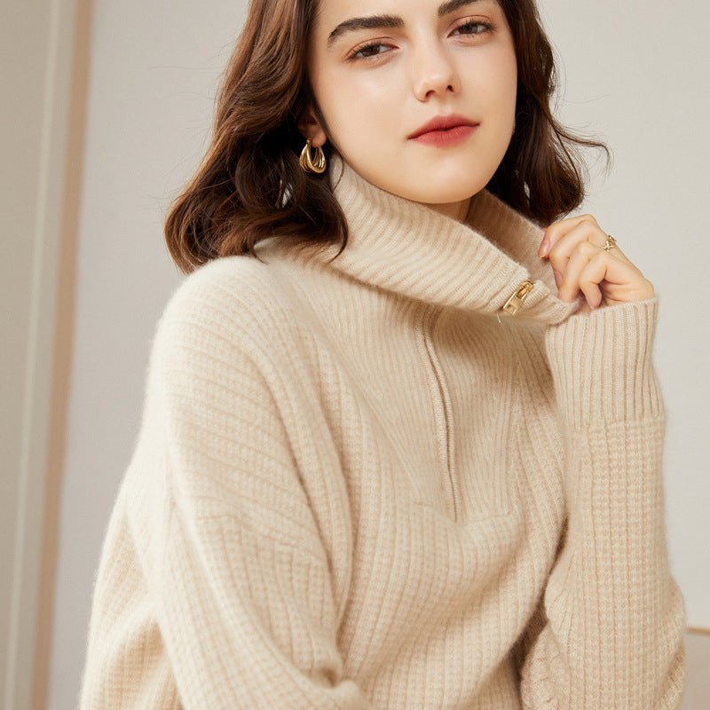 Womens Cashmere Half - Zip Sweater Waffle Knit Polo Cashmere Sweater