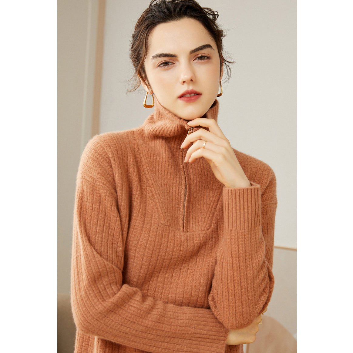 Womens Cashmere Half - Zip Sweater Waffle Knit Polo Cashmere Sweater