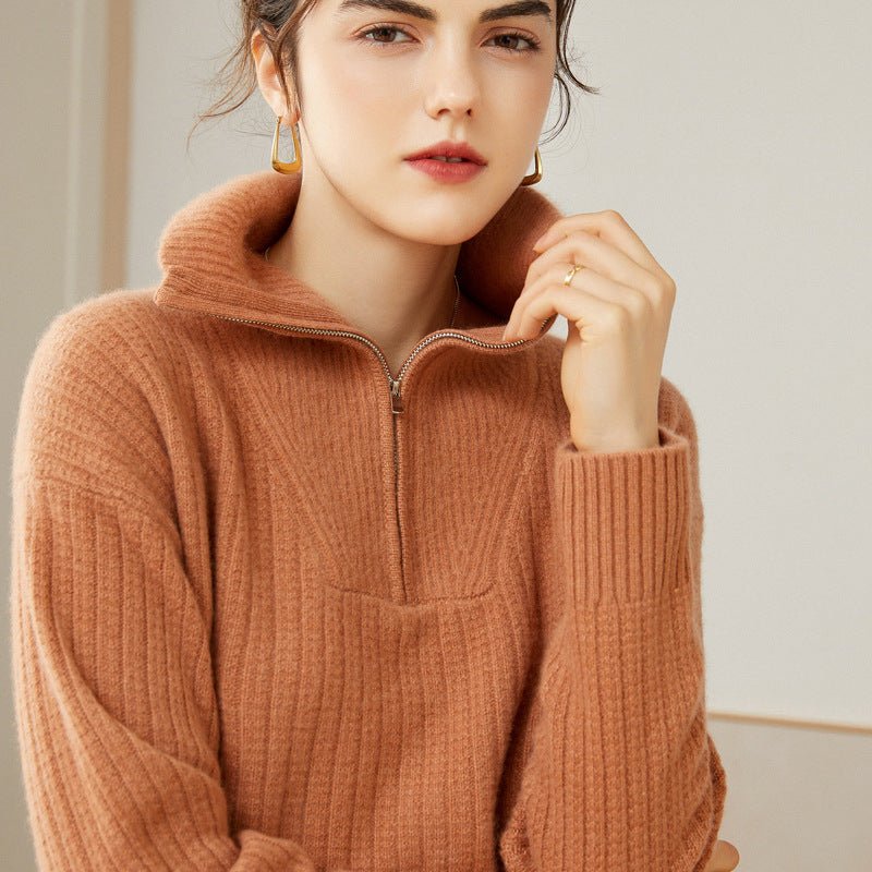 Womens Cashmere Half - Zip Sweater Waffle Knit Polo Cashmere Sweater