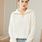 Womens Cashmere Half - Zip Sweater Waffle Knit Polo Cashmere Sweater