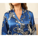 Womens 100% Silk Pajama Set Bold Tiger Print Sleepwear Silk Set Navy Blue XS