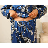 Womens 100% Silk Pajama Set Bold Tiger Print Sleepwear Silk Set Navy Blue XS
