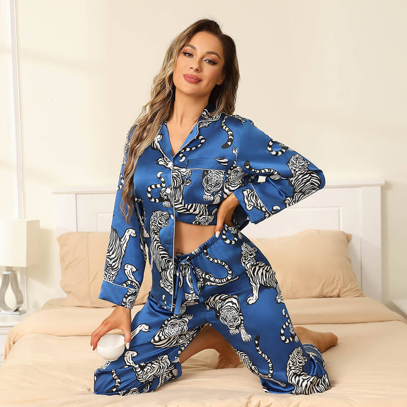 Womens 100% Silk Pajama Set Bold Tiger Print Sleepwear Silk Set Navy Blue XS
