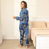 Womens 100% Silk Pajama Set Bold Tiger Print Sleepwear Silk Set Navy Blue XS