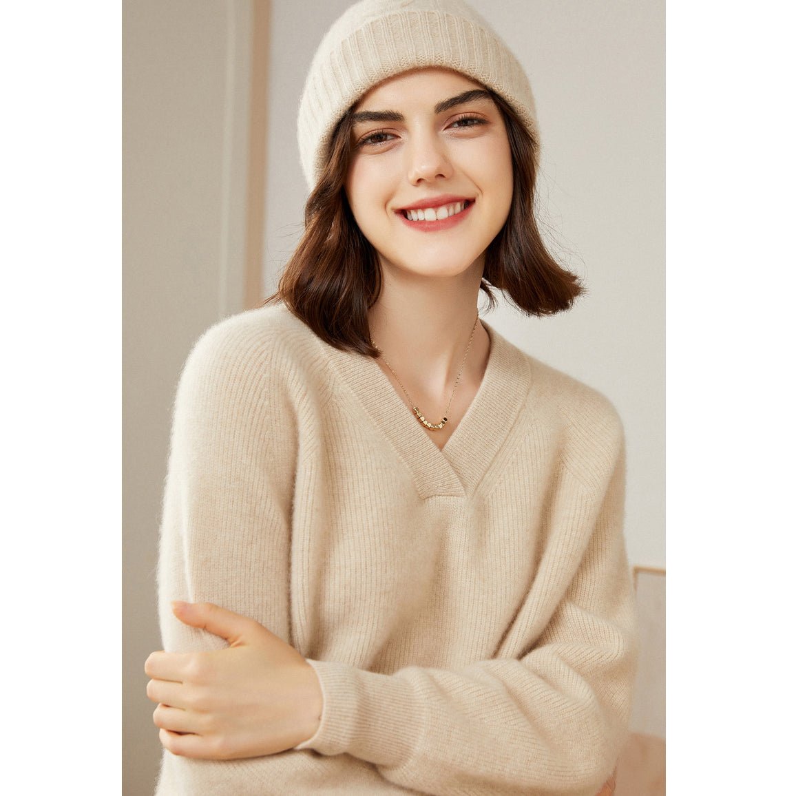 Womens V - Neck Cashmere Sweater Ribbed Knit Long Sleeve Cashmere Tops