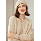 Womens V - Neck Cashmere Sweater Ribbed Knit Long Sleeve Cashmere Tops