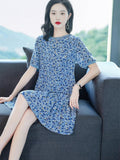 Womens Blue Floral Print Silk Mini Dress Ruffle Hem Short Silk Dress