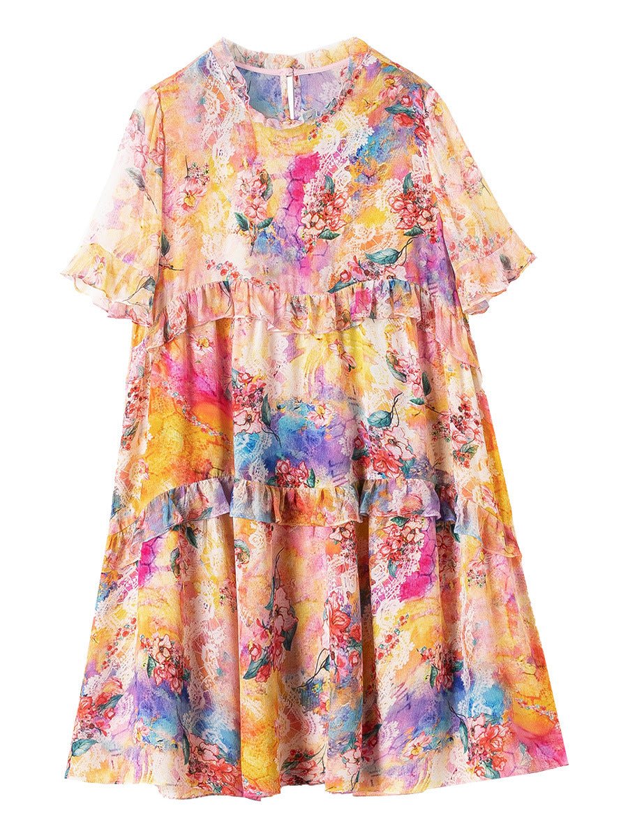 Womens Blue Floral Print Silk Mini Dress Ruffle Hem Short Silk Dress (Copy)