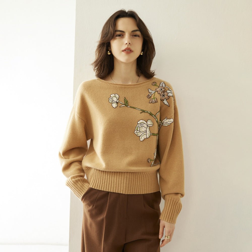 Womens Boat Neck Cashmere Sweater Embroidery Flowers Cashmere Pullover