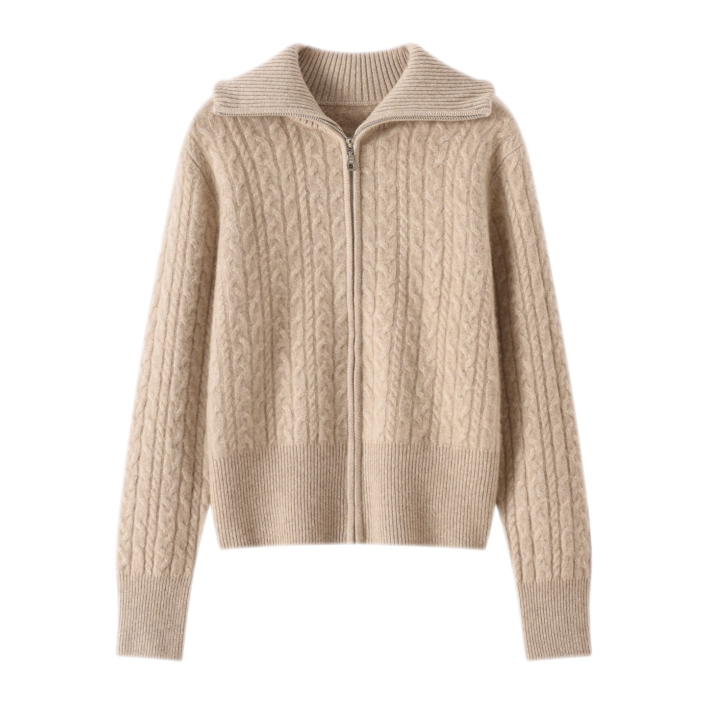 Womens Cable Knit Cashmere Cardigan Collared Full Zip Cashmere Sweater Jacket Beige XS
