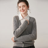 Womens Cable Knit Cashmere Cardigan Deep V Neck Cashmere Sweater Gray XS
