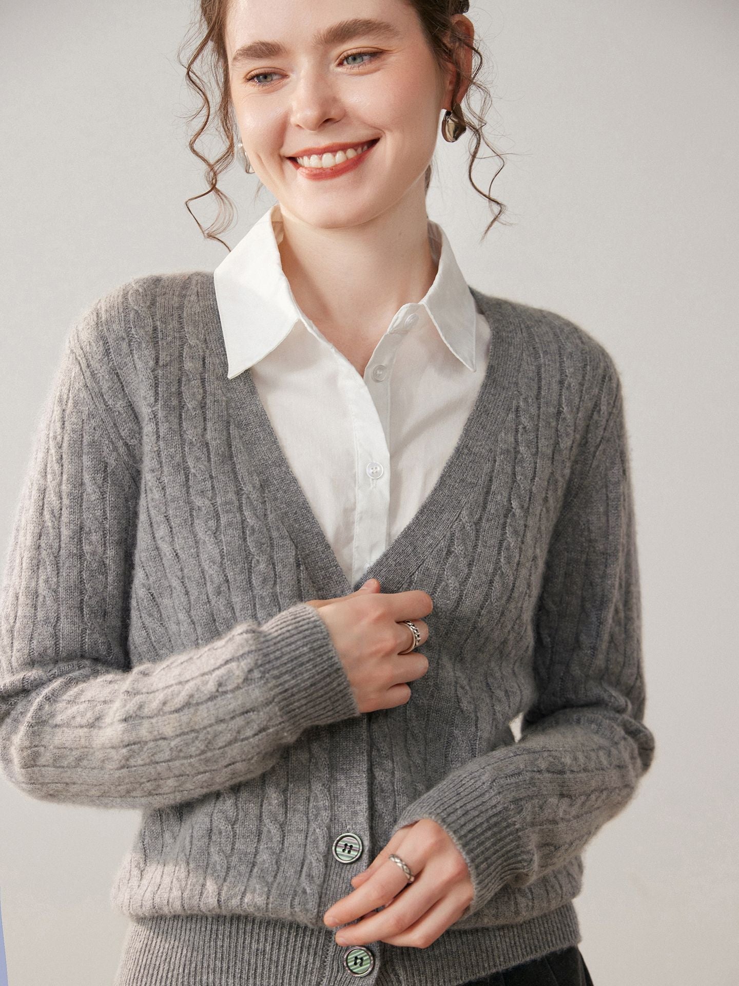 Womens Cable Knit Cashmere Cardigan Deep V Neck Cashmere Sweater Gray XS