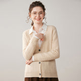 Womens Cable Knit Cashmere Cardigan Deep V Neck Cashmere Sweater Beige XS