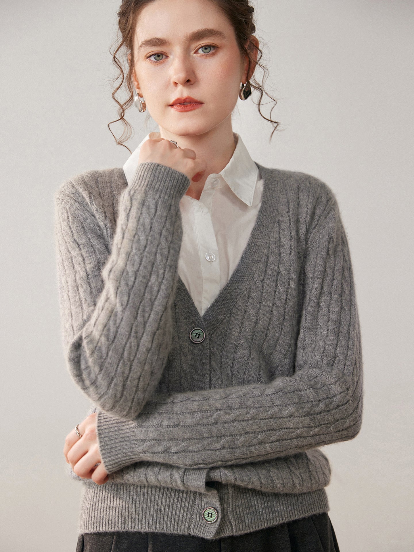 Womens Cable Knit Cashmere Cardigan Deep V Neck Cashmere Sweater Gray XS