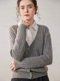 Womens Cable Knit Cashmere Cardigan Deep V Neck Cashmere Sweater Gray XS