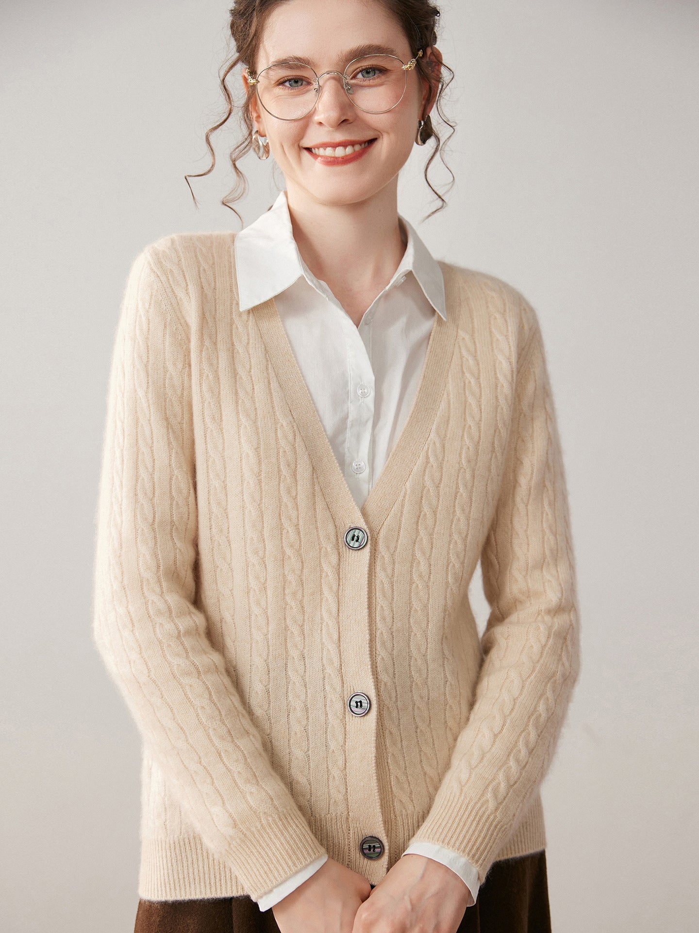 Womens Cable Knit Cashmere Cardigan Deep V Neck Cashmere Sweater Beige XS
