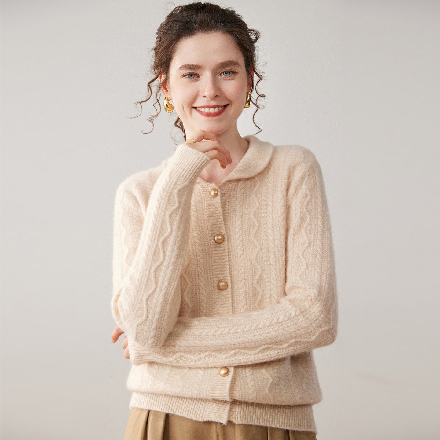 Womens Cable Knit Cashmere Cardigan Peter Pan Collar Cashmere Sweater Beige XS