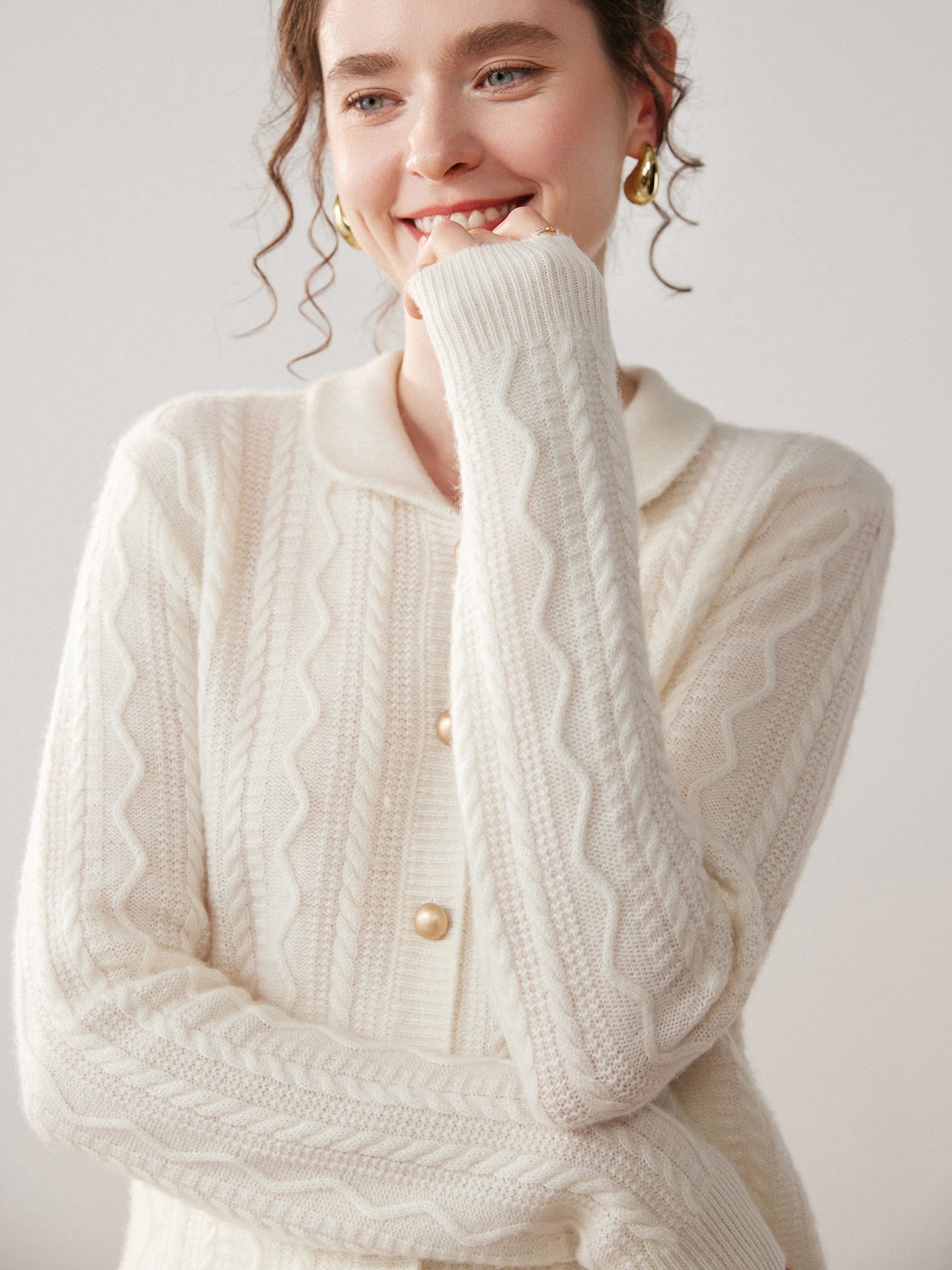 Womens Cable Knit Cashmere Cardigan Peter Pan Collar Cashmere Sweater Ivory XS