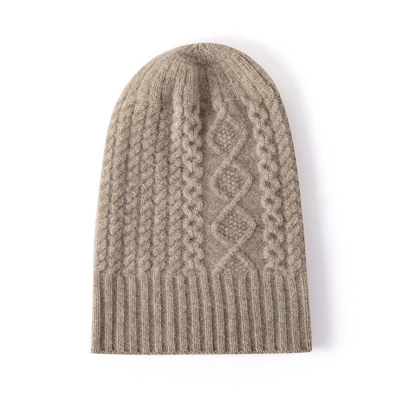 Womens Cable Knit Pure Cashmere Beanie Hat with Ribbed Trim