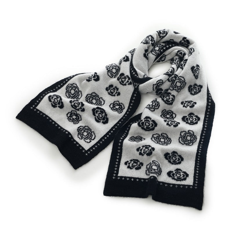 Womens Camellia Pattern Long Cashmere Scarf Cashmere Knit Wrap