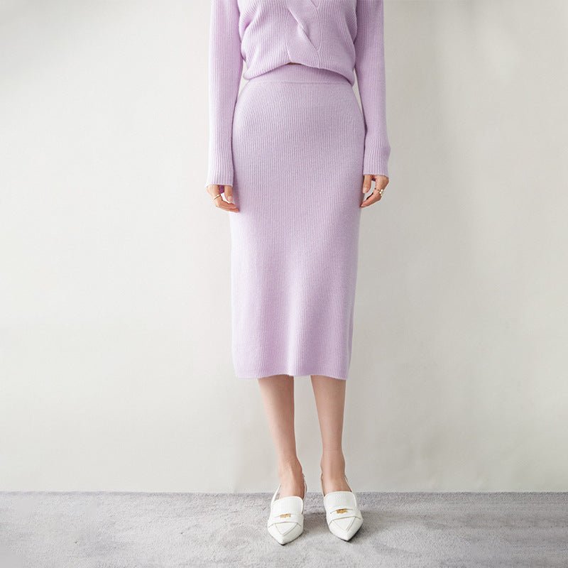 Womens Cashmere Ribbed Knit Midi Skirt High Waist Sheath Dresses