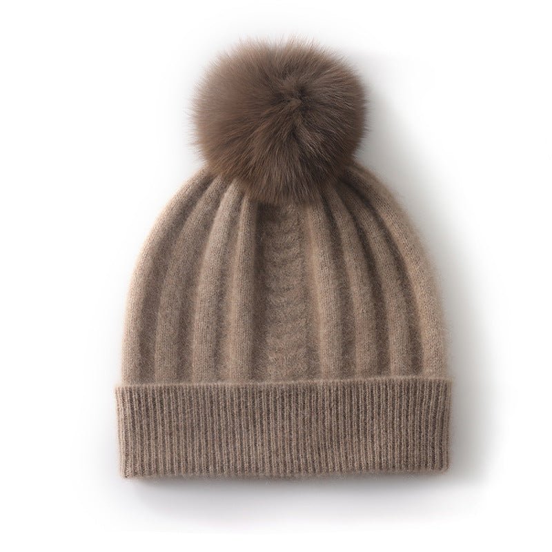 Womens Cashmere Beanie with Real Fur Pom Cashmere Hat Removable Pom