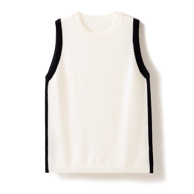 Womens Classic Sleeveless Crew Neck Knit Cashmere Vest Ribbed Hem Ivory XS