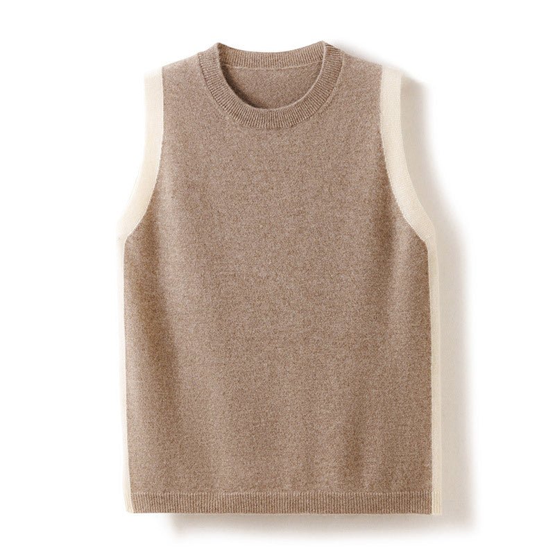 Womens Classic Sleeveless Crew Neck Knit Cashmere Vest Ribbed Hem Taupe XS