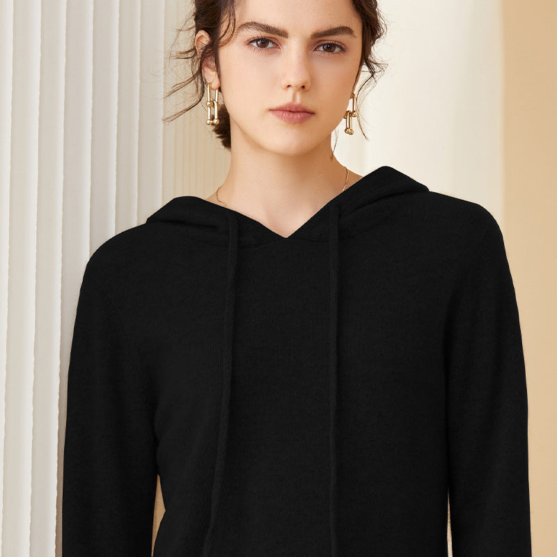 Womens Cashmere Pullover Hoodie Ribbed Trim Long Sleeve Cashmere Hoody