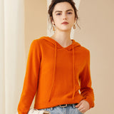 Womens Cashmere Pullover Hoodie Ribbed Trim Long Sleeve Cashmere Hoody