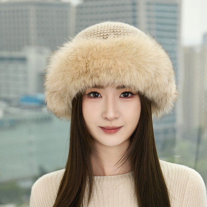 Womens Cashmere Knit Hat with Real Fur Trim Cashmere Bucket Hat