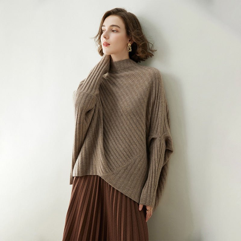 Womens Cashmere Poncho Sweater with Sleeves Ribbed Mock Neck Cashmere Cloak Taupe One Size