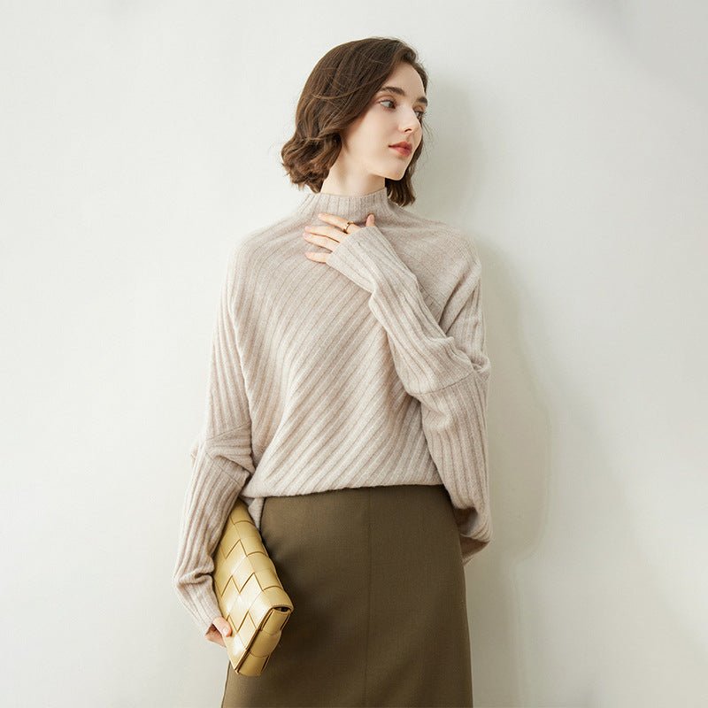 Womens Cashmere Poncho Sweater with Sleeves Ribbed Mock Neck Cashmere Cloak Oatmeal One Size