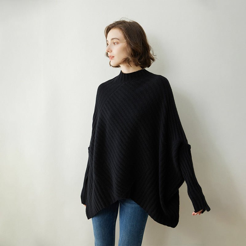 Womens Cashmere Poncho Sweater with Sleeves Ribbed Mock Neck Cashmere Cloak Black One Size