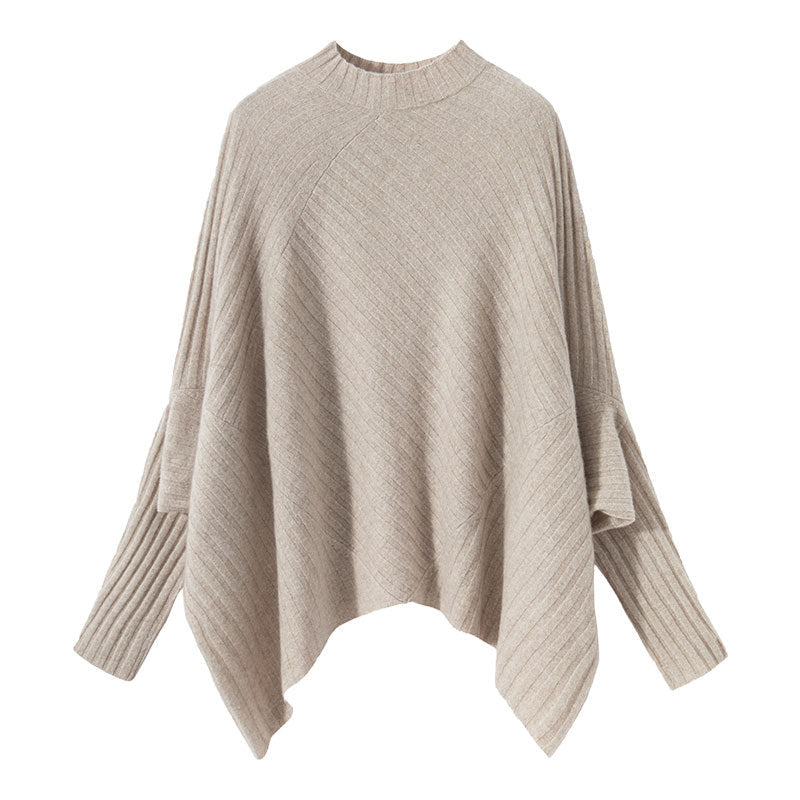 Womens Cashmere Poncho Sweater with Sleeves Ribbed Mock Neck Cashmere Cloak Claret One Size